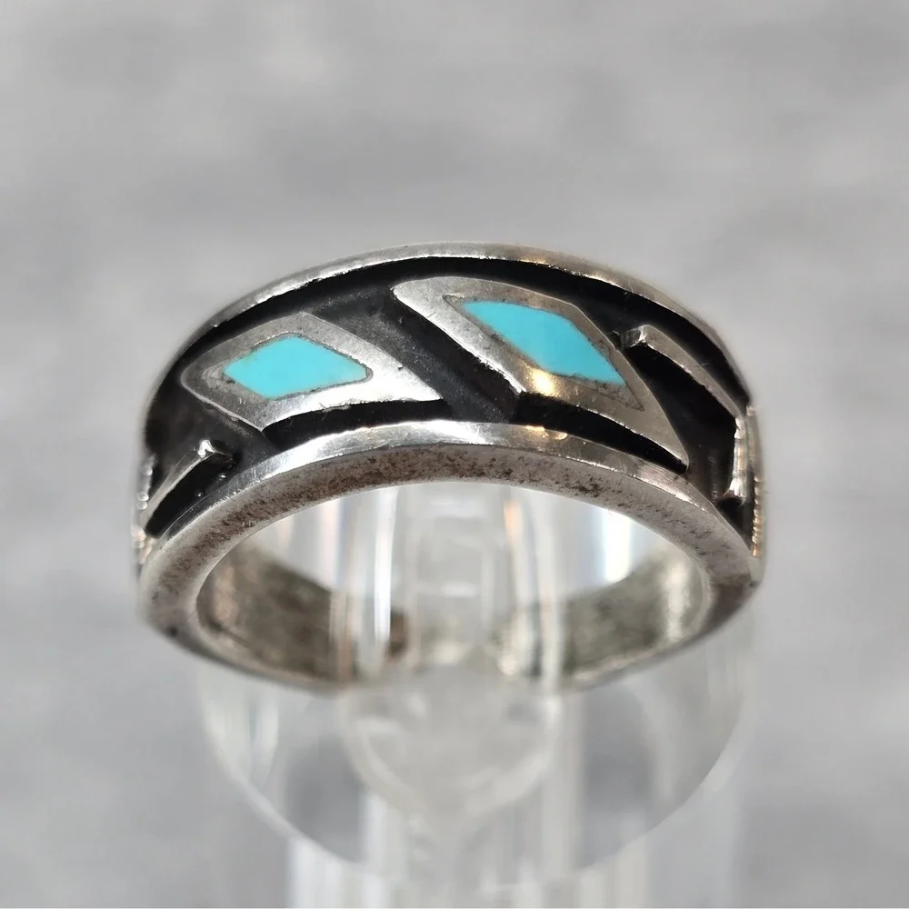 Vintage Southwestern Ring Turquoise Inlay Geometric Band Silver Tone Size 9